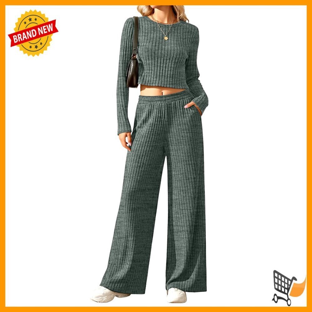 Ribbed Long Sleeve Crop Top Wide Leg Pants Lounge Set Soft Comfortable Travel